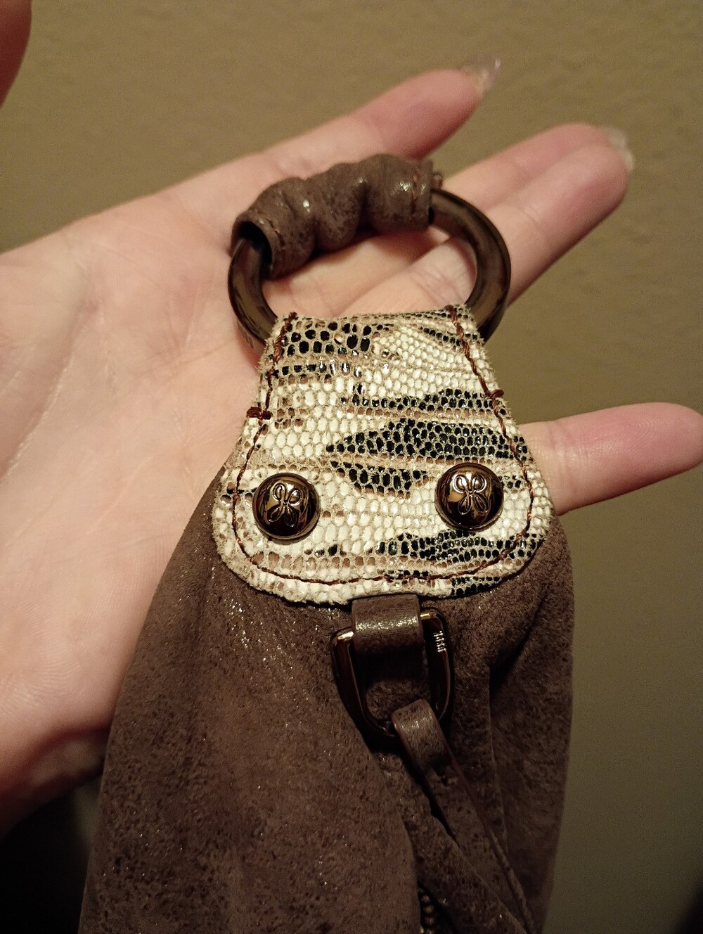 HOBO Brown Suede Shoulder Bag with Snake-Print Panel - Picture 5 of 8